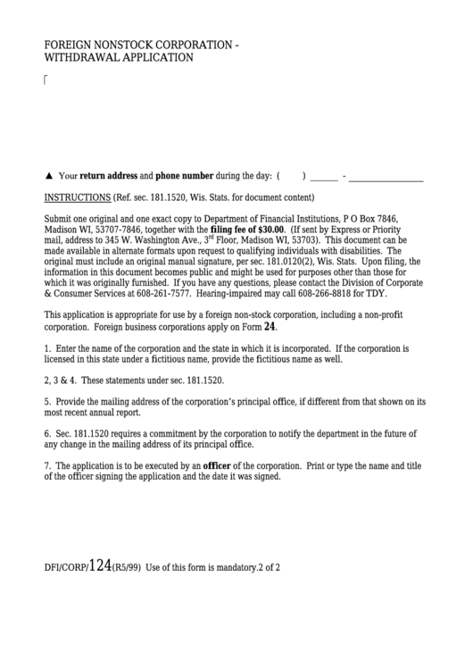 Foreign Nonstock Corporation - Withdrawal Application Instructions Printable pdf