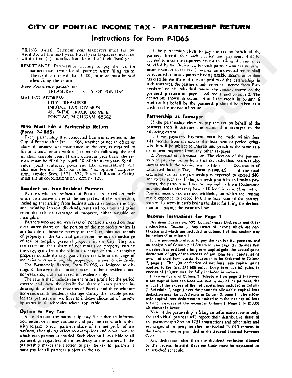 City Of Pontiac Income Tax Partnership Return Instructions For Form P-1065