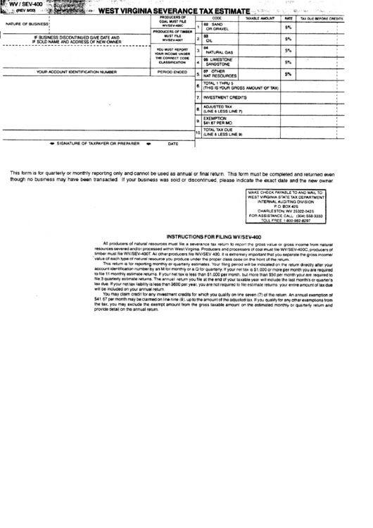 Form Wv/sev-400 - West Virginia Severance Tax Estimate Printable pdf