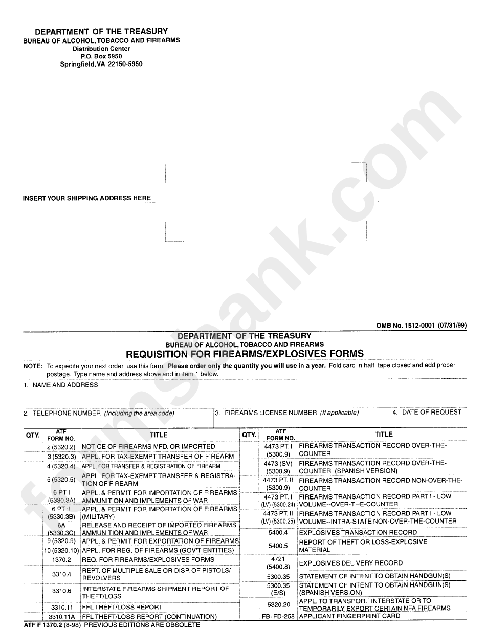 Form Atf F 1370.2 - Requisition For Firearms/explosives Forms