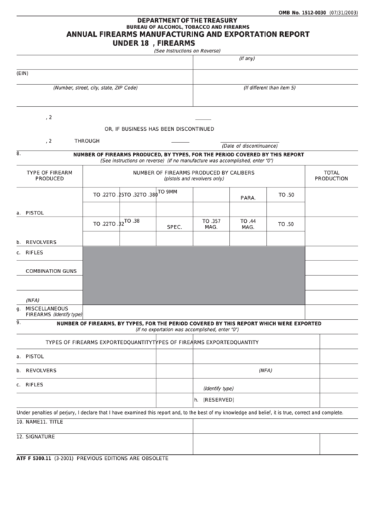 Form Atf F 5300.11 - Annual Firearms Manufacturing And Exportation Report - Washington Department Of Treasury Printable pdf