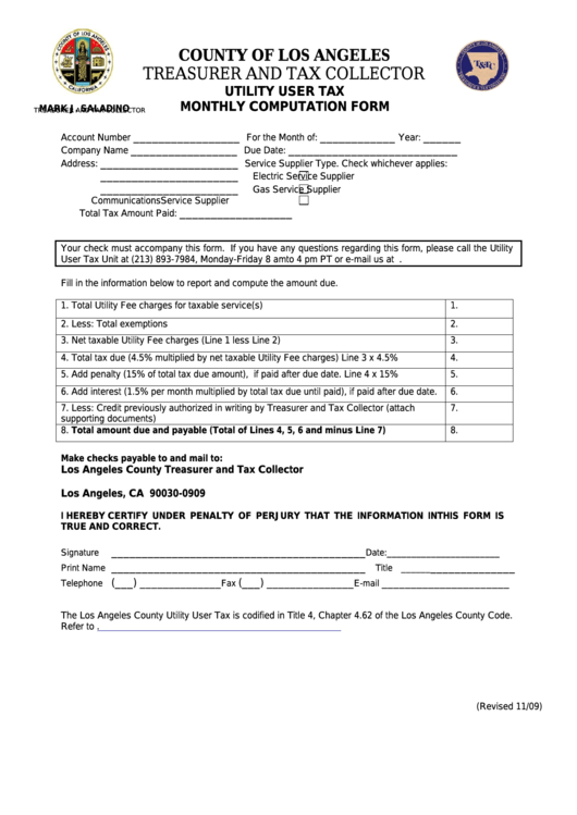 Fillable Rer And Tax Collector Utility User Tax Monthly Computation Form - County Of Los Angeles Treasurer And Tax Collector Printable pdf