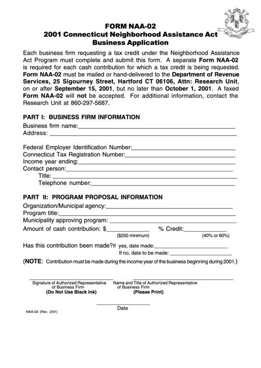 Form Naa-02 - Connecticut Neighborhood Assistance Act Business Application - 2001 Printable pdf