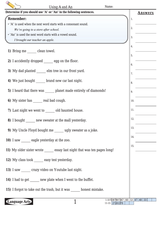Using A And An Language Arts Worksheet - With Answers Printable pdf