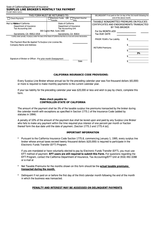 Form Fs007 Surplus Line Broker'S Monthly Tax Payment California
