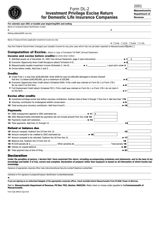 Form Dl-2 - Investment Privilege Excise Return For Domestic Life Insurance Companies - 2001 Printable pdf