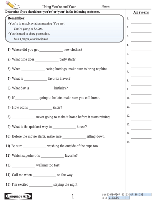 Using You're And Your Language Arts Worksheet - With Answers