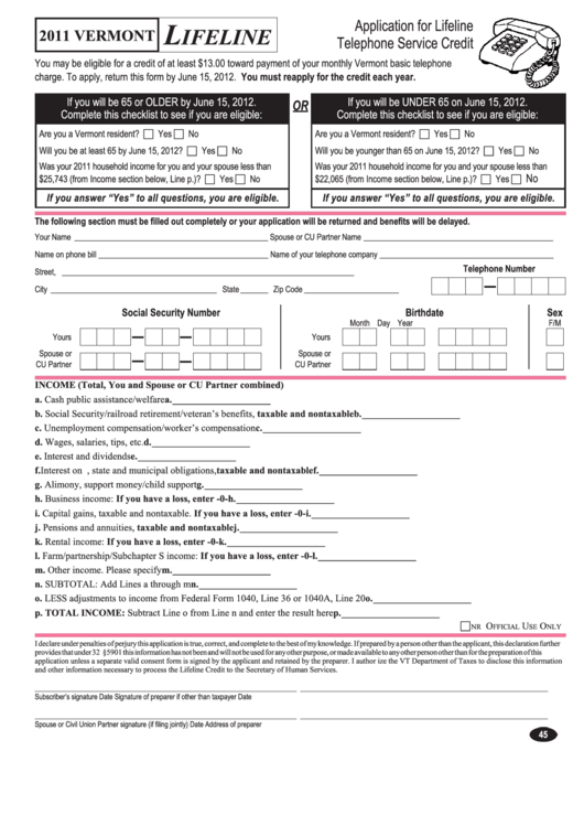 Form Application For Lifeline Telephone Service Credit - State Of Vermont - 2011 Printable pdf