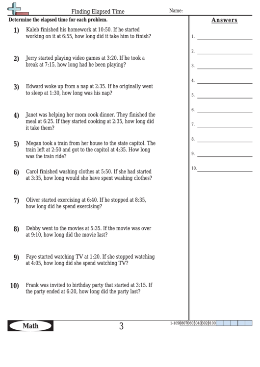 Finding Elapsed Time Math Worksheet - With Answers Printable pdf