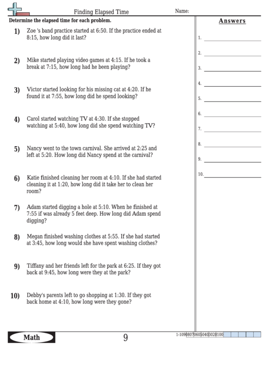 Finding Elapsed Time Math Worksheet - With Answers Printable pdf