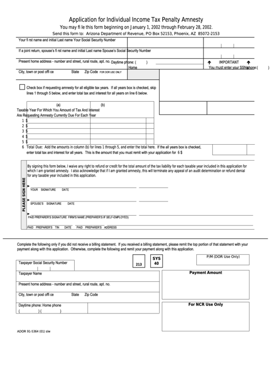 Form Ador 91-5364 - Application For Individual Income Tax Penalty Amnesty Printable pdf