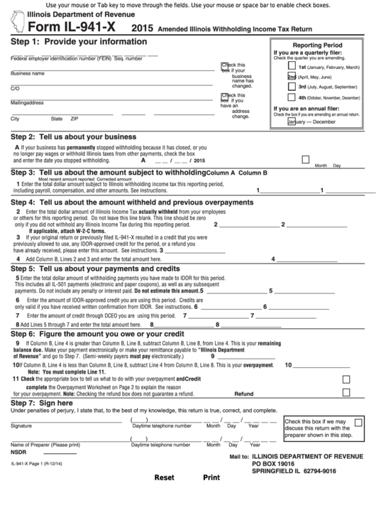 Fillable Form Il-941-X - Amended Illinois Withholding Income Tax Return - 2015 Printable pdf