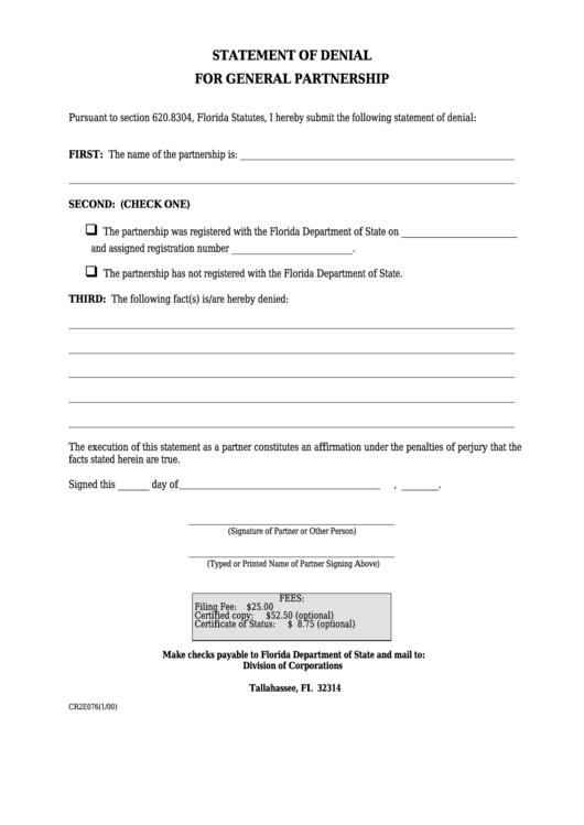 Form Cr2e076 - Statement Of Denial For General Partnership Printable pdf