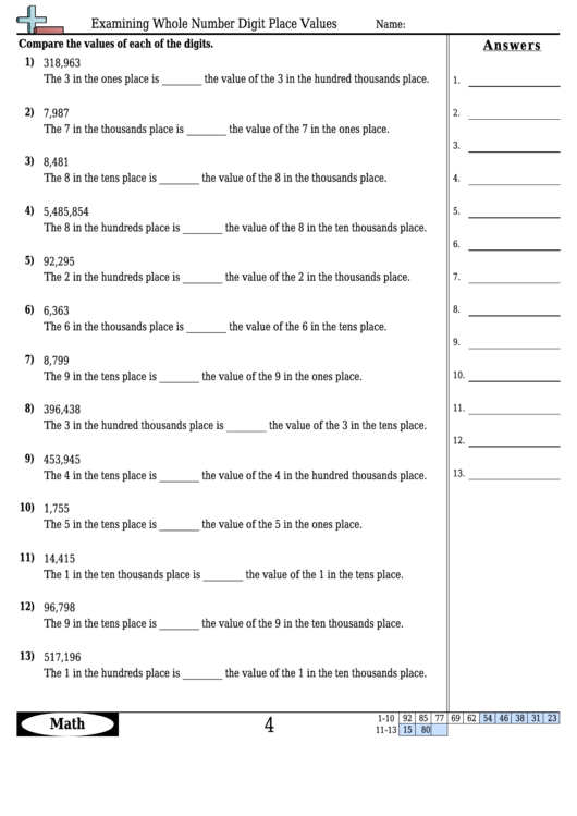 Examining Whole Number Digit Place Values Math Worksheet With Answers 