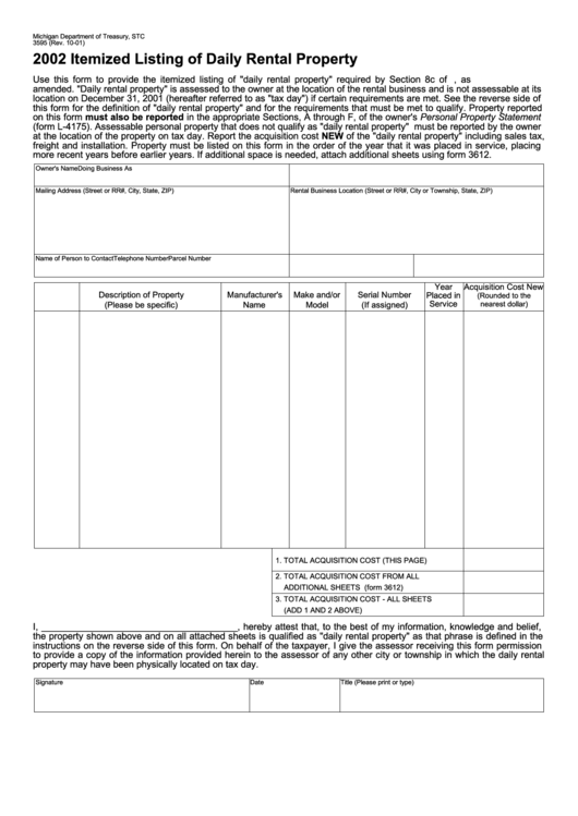 Form 3595 - Itemized Listing Of Daily Rental Property - 2002 Printable pdf