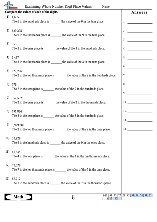 Examining Whole Number Digit Place Values Math Worksheet With Answers Printable pdf
