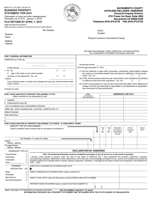 Fillable Form Boe-571-L - Business Property Statement - 2015 Printable pdf