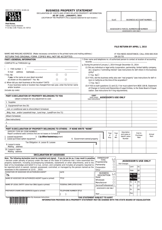 Fillable Form 571-L - Business Property Statement - 2015 Printable pdf