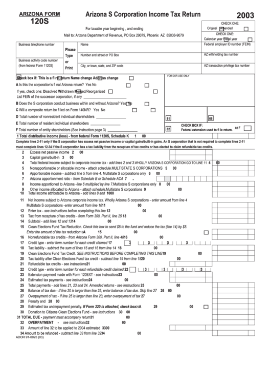 Fillable Arizona Form 120s - Arizona S Corporation Income Tax Return - 2003 Printable pdf