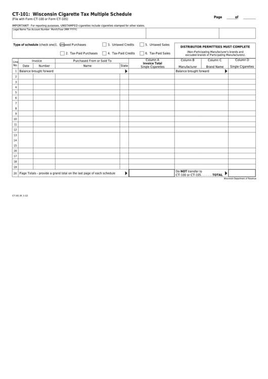 Fillable Form Ct-101 - Wisconsin Cigarette Tax Multiple Schedule Printable pdf