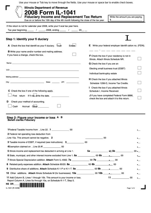 Fillable Form Il-1041- Fiduciary Income And Replacement Tax Return - 2008 Printable pdf