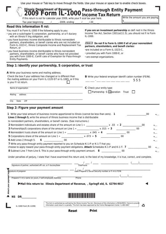 Fillable Form Il-1000 - Pass-Through Entity Payment Income Tax Return - 2009 Printable pdf