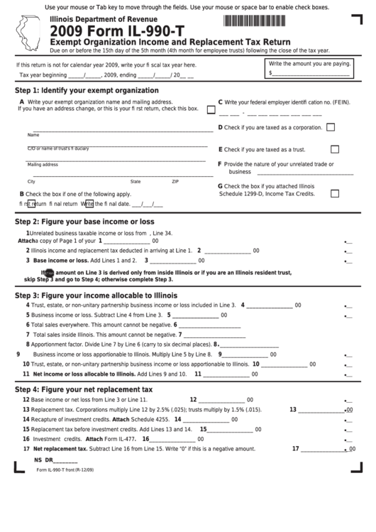 Fillable Form Il-990-T - Exempt Organization Income And Replacement Tax Return - 2009 Printable pdf