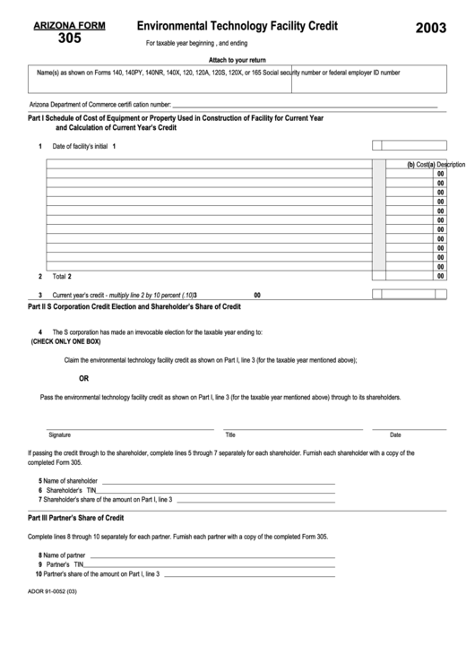 Fillable Form 305 - Environmental Technology Facility Credit - 2003 Printable pdf
