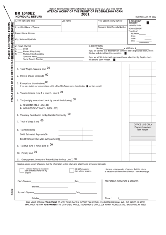 Form Br 1040ez - Attach To 1040 Form - Individual Return - 2001 Printable pdf