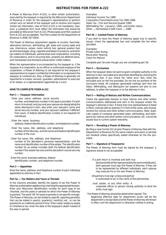 Instructions For Form A-222 Printable pdf