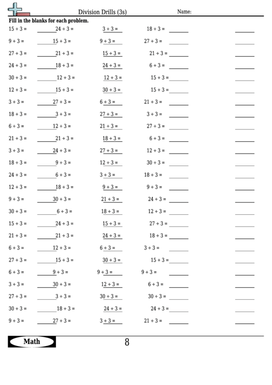 Division Drills (3s) - Division Worksheet With Answers Printable pdf