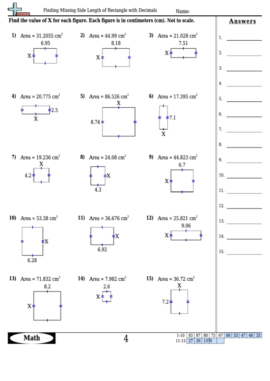 Finding Missing Side Length Of Rectangle With Decimals - Geometry Worksheet With Answers