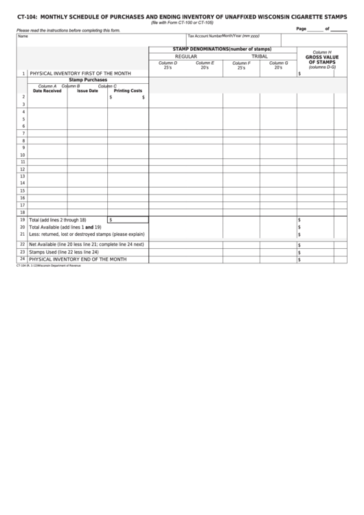 Fillable Form Ct-104 - Monthly Schedule Of Purchases And Ending Inventory Of Unaffixed Wisconsin Cigarette Stamps Printable pdf