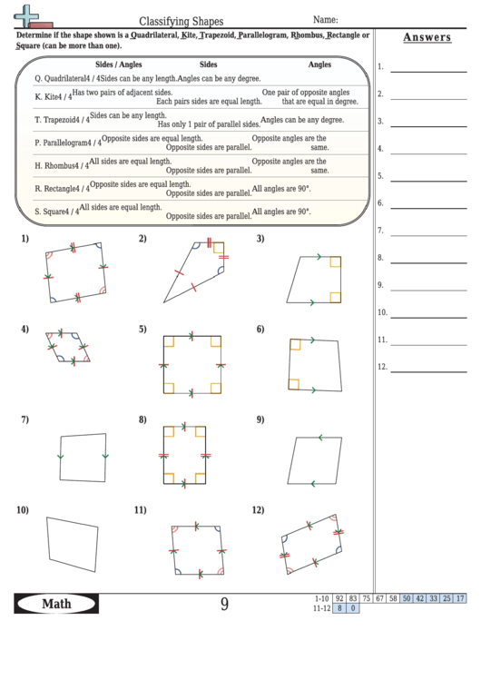 Classifying Shapes - Geometry Worksheet With Answers Printable pdf