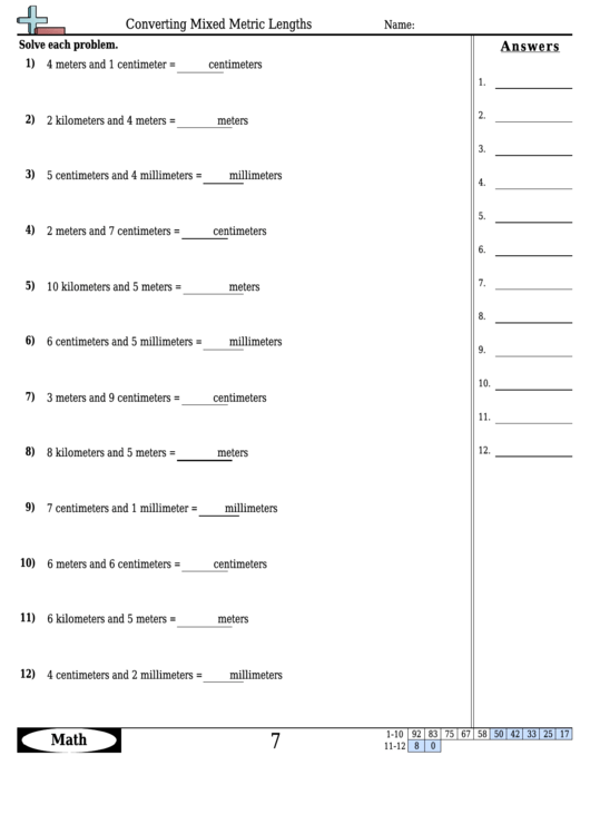 Converting Mixed Metric Lengths - Measurement Worksheet With Answers ...