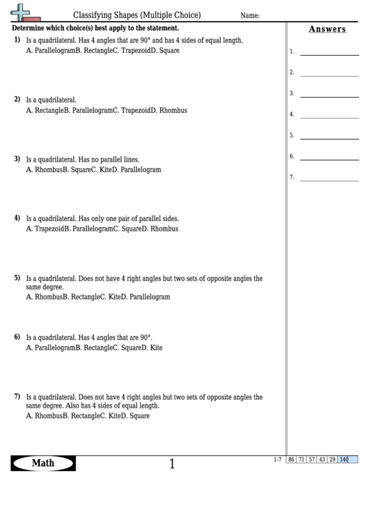 Classifying Shapes (Multiple Choice) - Geometry Worksheet With Answers Printable pdf