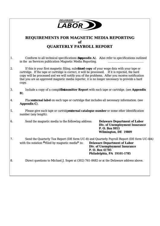 Requirements For Magnetic Media Reporting Of Quarterly Payroll Report - Delaware Department Of Labor Printable pdf