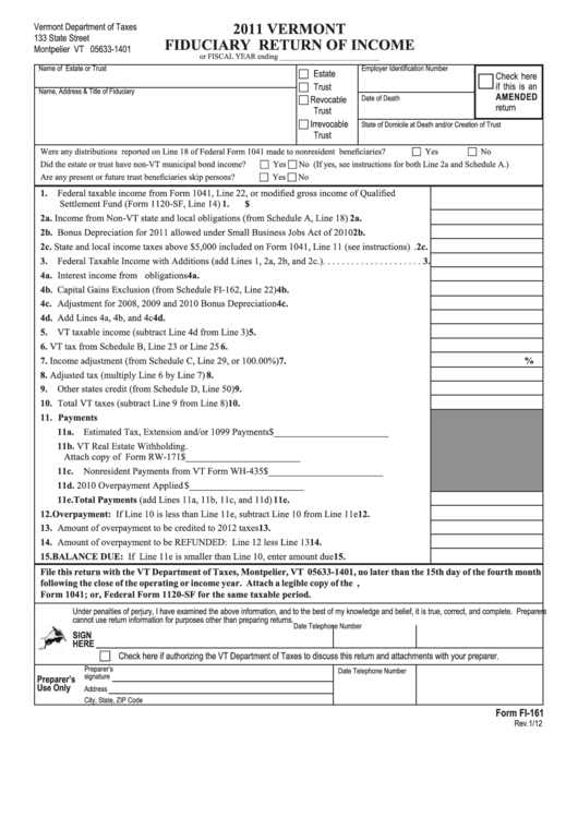 Form Fi-161 - Vermont Fiduciary Return Of Income - 2011 Printable pdf