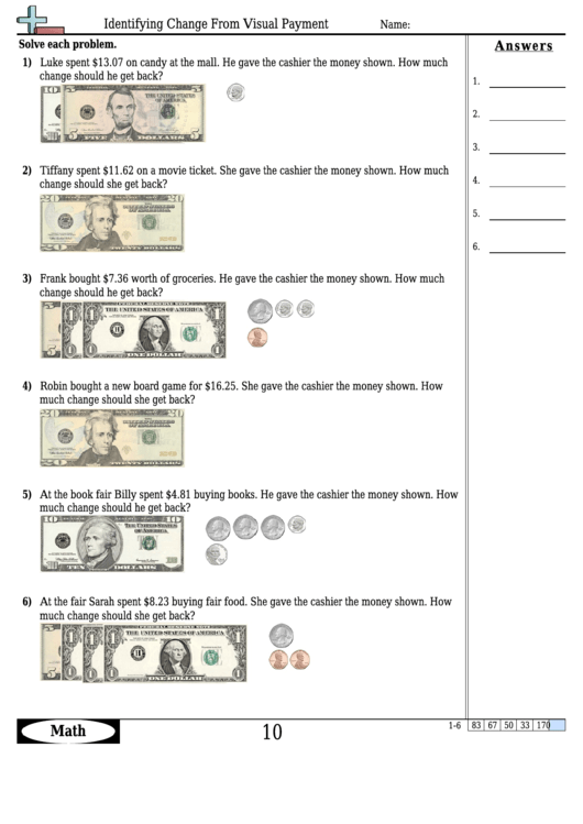 Identifying Change From Visual Payment - Measurement Worksheet With Answers Printable pdf