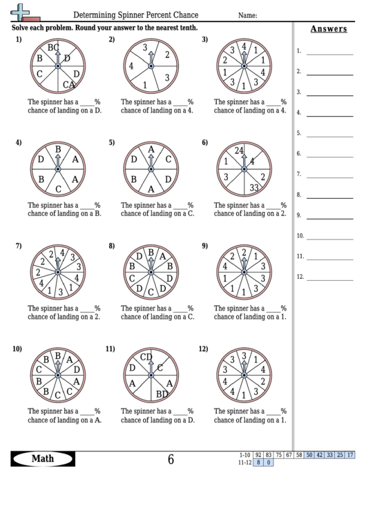 Determining Spinner Percent Chance - Percentage Worksheet With Answers Printable pdf