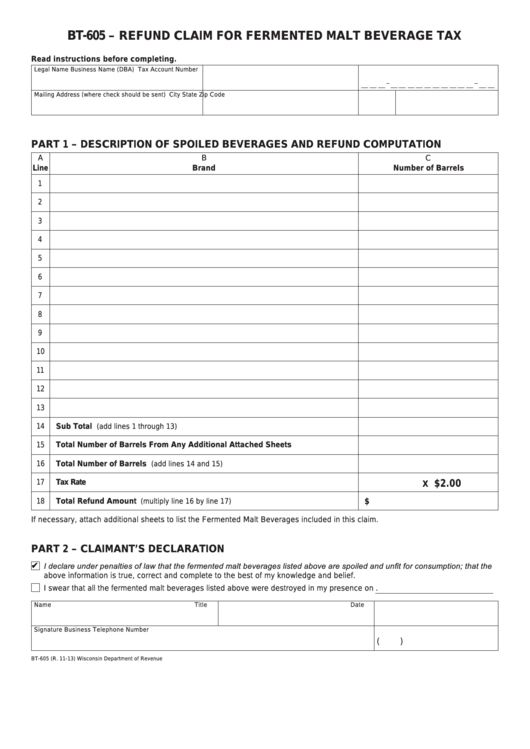 Fillable Form Bt-605 - Refund Claim For Fermented Malt Beverage Tax Printable pdf