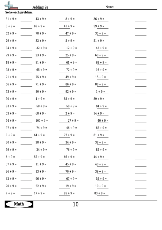 Adding 9s - Addition Worksheet With Answers Printable pdf