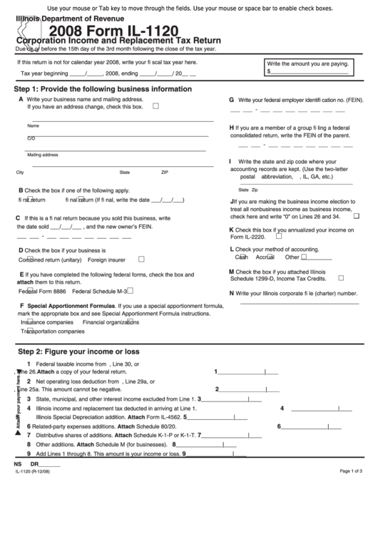 Fillable Form Il-1120 - Corporation Income And Replacement Tax Return - 2008 Printable pdf