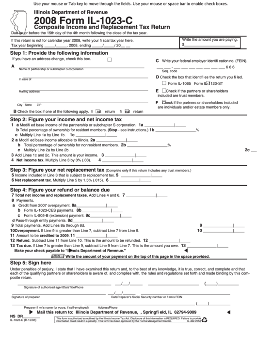 Fillable Form Il-1023-C - Composite Income And Replacement Tax Return - 2008 Printable pdf