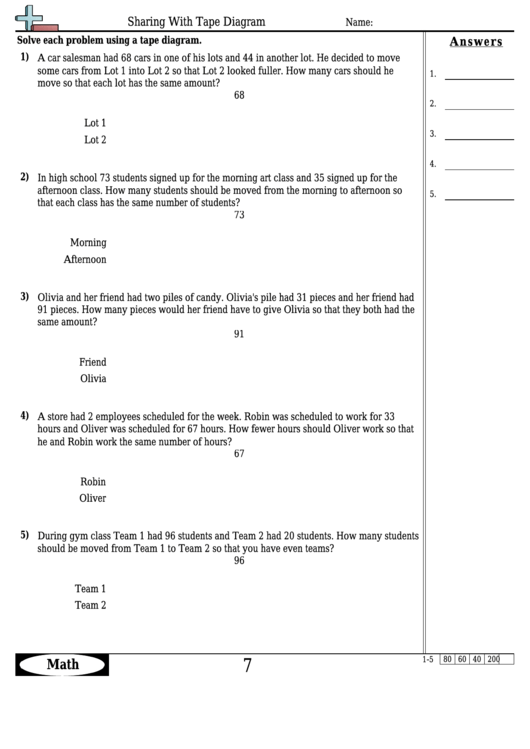 Sharing With Tape Diagram - Math Worksheet With Answers printable pdf ...