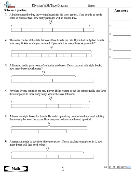 Division With Tape Diagram - Math Worksheet With Answers printable pdf ...