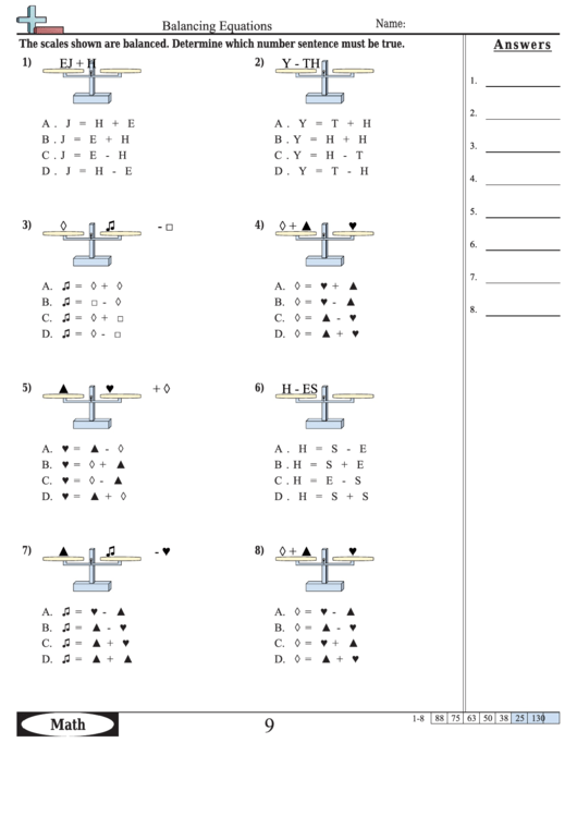 Balancing Equations - Equation Worksheet With Answers Printable pdf