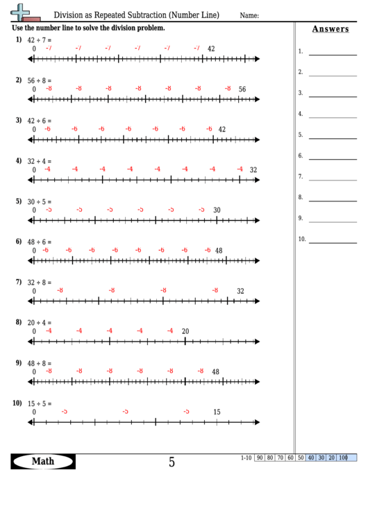 Division As Repeated Subtraction (Number Line) - Division Worksheet With Answers Printable pdf