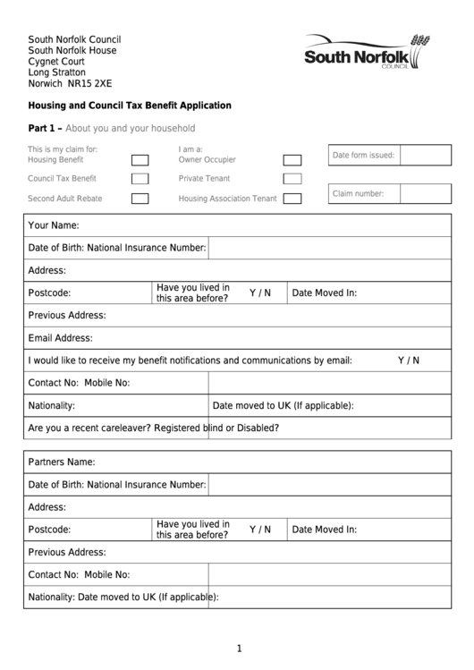 Housing And Council Tax Benefit Application - South Norfolk Council Printable pdf