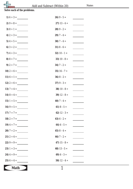 Add And Subtract (Within 20) - Math Worksheet With Answers Printable pdf